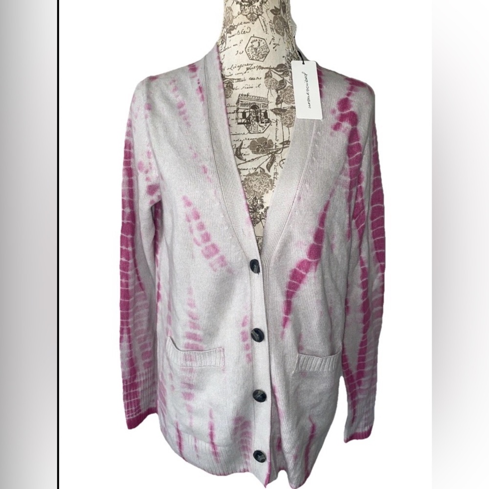 NWT Unsubscribed Boyfriend Cardigan Tie Dye Pink White Cashmere Sz XS